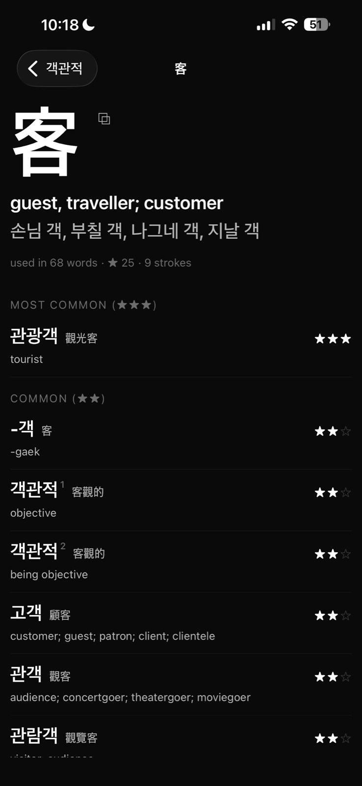 The Hanja character 객 with its Korean reading, English meaning, and a list of related Korean words.